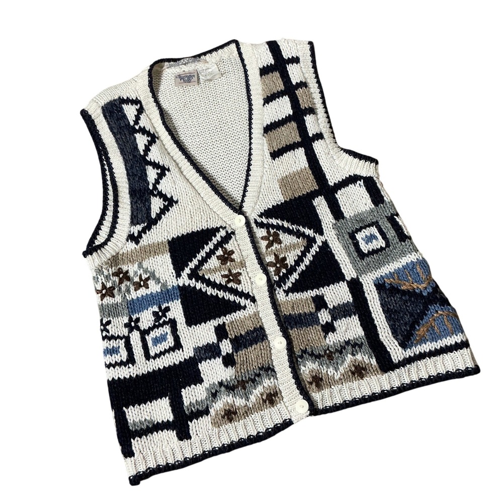 Huntington Ridge Vtg Boho Hand Knit Sweater Vest Womens M White Navy Patchwork